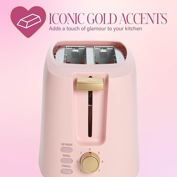 Paris Hilton 2-Slice Toaster Extra-Wide Slots 7 Browning Settings Bagel &amp Defrost Functions Removable Crumb Tray Pink