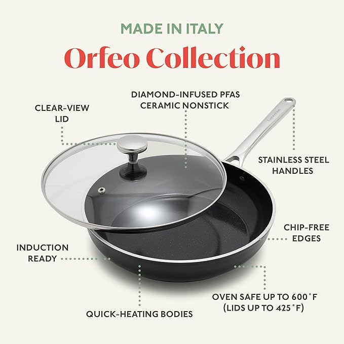 Orfeo 10 Piece Nonstick Cookware Set Made in Italy Diamond Ceramic PFAS-Free Pots &amp Pans Induction Ready Scratch Resistant Laser-Fused Surface for Durability Dishwasher Safe Black