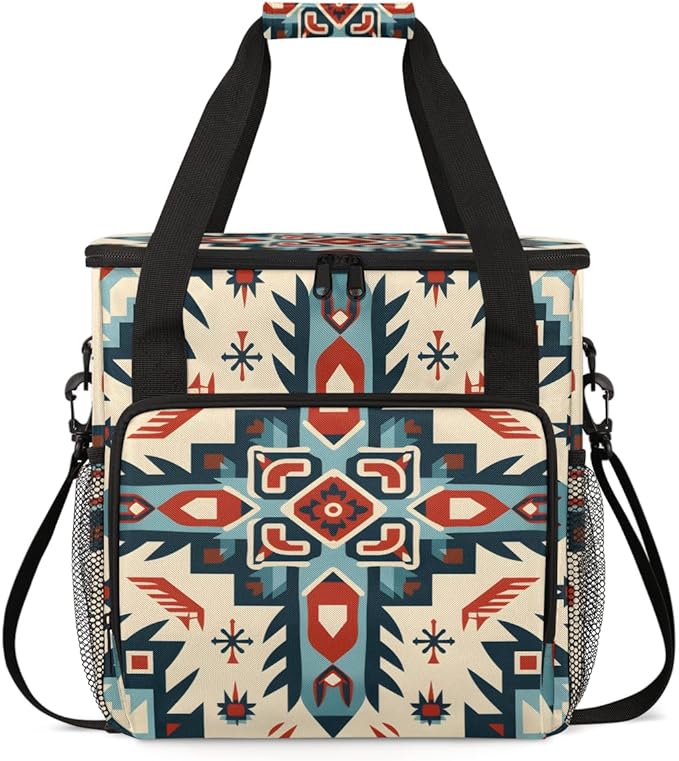 Geometry Flower Coffee Maker Carrying Bag Traditional Aztec Travel Storage Bag Compatible with K-Mini or K-Mini Plus Single Serve Coffee Brewer Carrying Case with Multiple Pockets &amp Shoulder Str