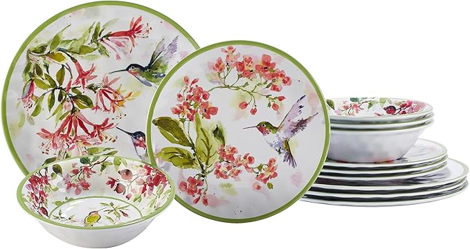 Hummingbirds 12-Piece Melamine Dinnerware Set – Service for 4 with Dinner Salad and Bowls – Lightweight Durable Dishwasher Safe Floral Hummingbird Design for Indoor &amp Outdoor Dining