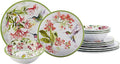 Hummingbirds 12-Piece Melamine Dinnerware Set – Service for 4 with Dinner Salad and Bowls – Lightweight Durable Dishwasher Safe Floral Hummingbird Design for Indoor &amp Outdoor Dining