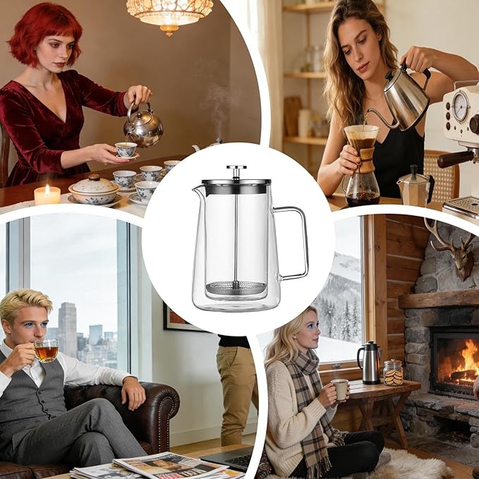 Glass Pressure Pot Double-Wall Insulated Design 22cmx11.3cmx10.2cm French Coffee Press Portable Coffee Maker Easy To Use &amp Clean For Camping Travel Tea Cafe Home Office