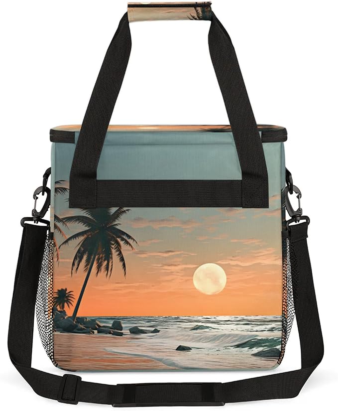 Beach Sunset Landscape Coffee Maker Travel Bag for Keurig K-Mini/K-Mini Plus Insulated Waterproof Tote with Pockets for K-Cup Portable Single-Serve Brewer Case