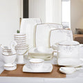 50 Pieces Square Dinner Set for 10 PeoplePorcelain Kitchen White Bone China Dinning Dinnerware Combination Set with Cereal Bowls Dessert Plates Dishes and Soup Pot Microwave and