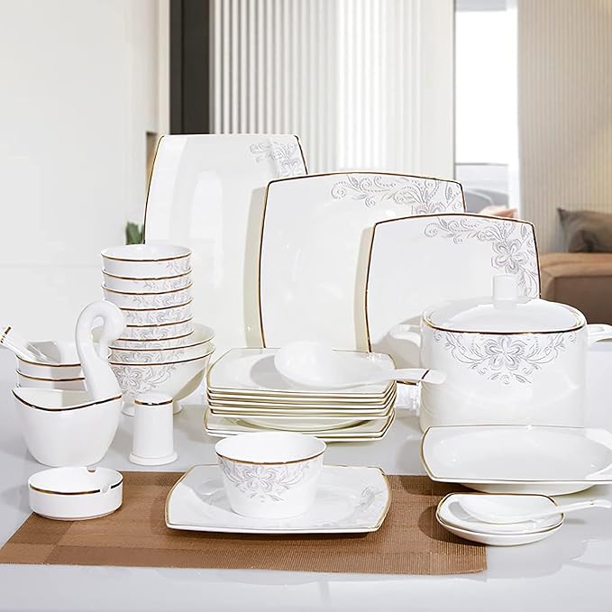 50 Pieces Square Dinner Set for 10 PeoplePorcelain Kitchen White Bone China Dinning Dinnerware Combination Set with Cereal Bowls Dessert Plates Dishes and Soup Pot Microwave and