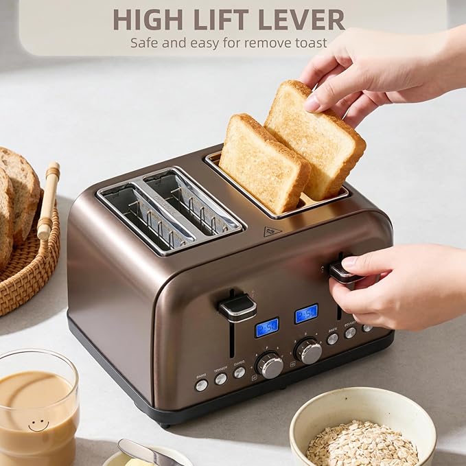 4-Slice Toaster with LCD Display Dual Control for Bagel 6 Shade Settings Extra Wide Slots Stainless Steel with High Lift Lever Removable Crumb Tray 1500W (Dark Metallic)