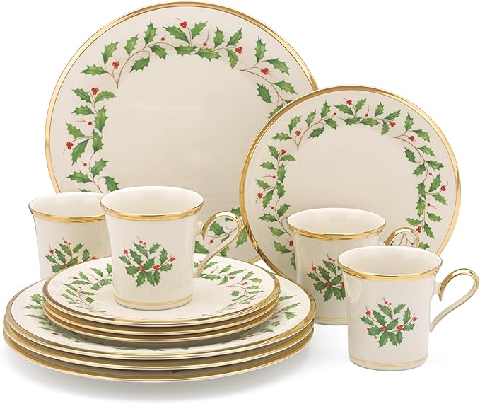 Lenox Dinnerware Set Holiday 12-Piece Set Service For 4 Porcelain Plate Berry Motif With 24-Karat Gold Accents Christmas Dinner Plates Salad Plates And Mugs Dishwasher Safe (Assorted 12 Piece)