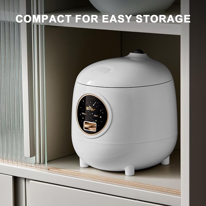 Bear Mini Rice Cooker 2 Cups Uncooked 1.2L Portable Non-Stick Small Travel Rice Cooker BPA Free One Button to Cook and Keep Warm Function White