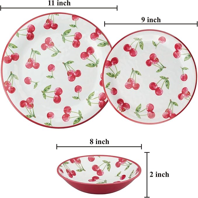 UPware 12 Piece Cherry Melamine Dinnerware Sets Outdoor Dishes Set Plates and Bowls Sets Service for 4 Red