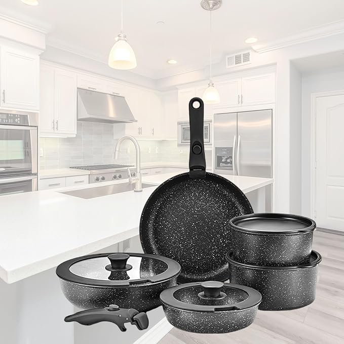 Multifunctional Nonstick Pots And Pans Practical Dishwasher Safe Cookware With Detachable Handle Kitchen Cooking Set