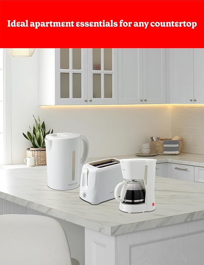 Betty Crocker 3-Piece Kitchen Appliances Set: 5-Cup Automatic Drip Coffee Maker 1.7L Electric Kettle &amp 2-Slice Toaster STRIX Technology Kettle Cool Wall Housing BC-4995W White