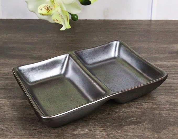Ebros Gift Iron Black Clay Underglaze Technique Tetsu Kesho Porcelain Dinnerware Kitchen Set Asian Japanese Restaurant Supply (Pack Of 6 Dual Compartment Rectangle Sauce Dishes)