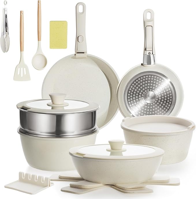 Nonstick Ceramic Cookware Set 21PCS with Detachable Handle Pans and Pots Set RV Kitchen Set Cookware Set with Removable Handles Oven Safe Induction Ready Stackable Non-stick Set