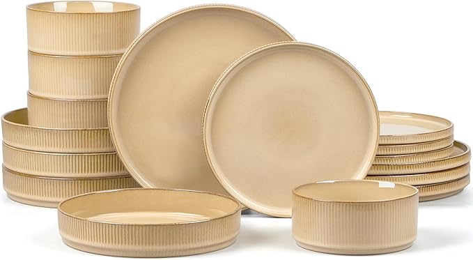 E-far 16 Piece Dinnerware Sets Plates and Bowls with Pasta Bowls Service for 4 Modern Stoneware Ribbed Dishes for Kitchen Dining Microwave &amp Dishwasher Safe Caramel Khaki