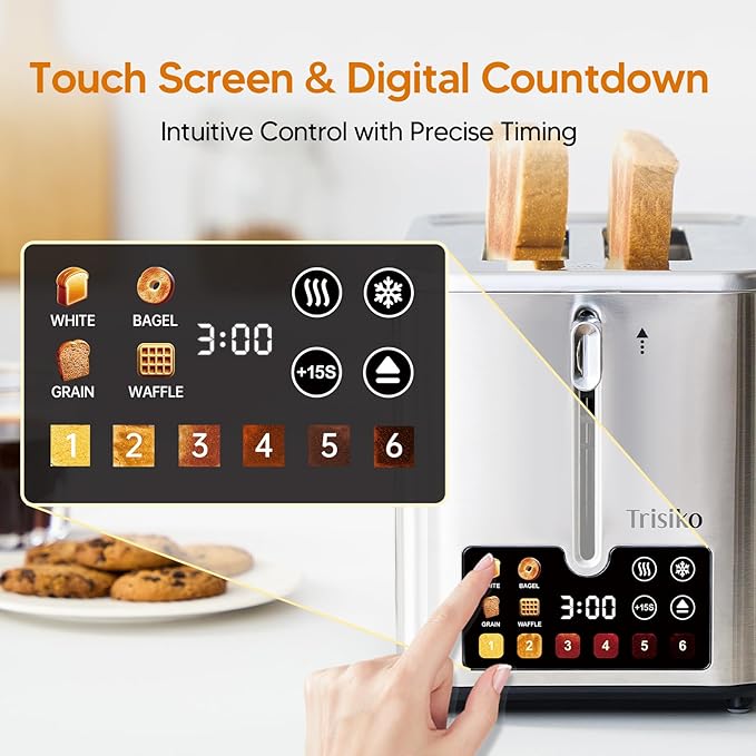 Trisiko® Touch Screen Toaster 2 Slice Stainless Steel Smart Toaster with Digital Timer 1.38 Extra-Wide Slots for Bread&amp Bagelwith Reheat Defrost Cancel +15s Boost Great for Home OfficeDo