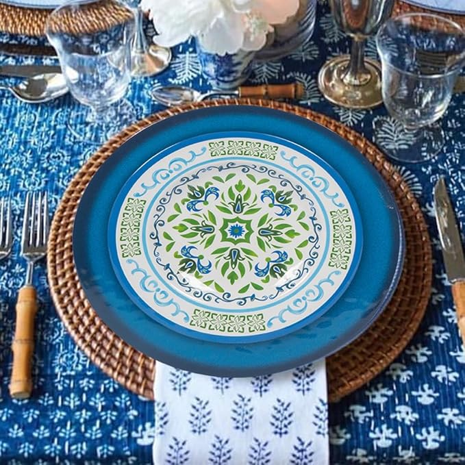 Melamine Dinnerware Sets 12 Pcs Melamine Plates Party Plates and Bowls Sets Camping Dishes Set for 4 Unbreakable BPA-Free Dishwasher Safe （Green flowers）