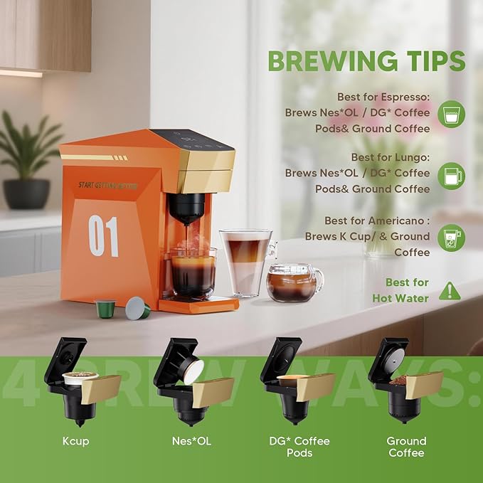 BENFUCHEN 4 in1 Single Serve Coffee Maker 19 Bar Espresso Coffee Machine For KCup/Nespre sso OriginalLine Capsules/Ground Coffee Single Cup Coffee Brewer 1400W Fast Brew in 1 Minute Vibrant Orange