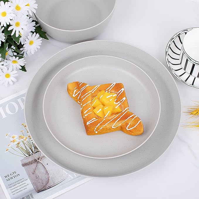 EI 12pcs Wheat Straw Dinnerware Set of 4Plastic Plates Reuasble UnbreakablePlastic Plates and Bowls Sets for CampingPicnincFamily Dinner