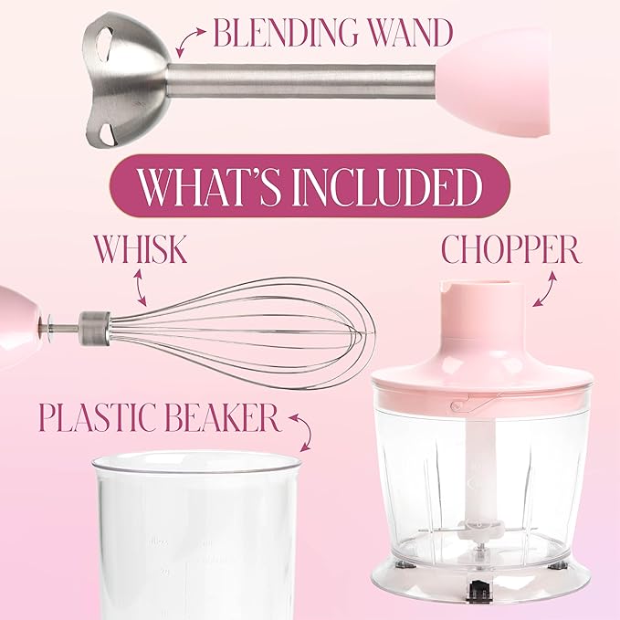Paris Hilton Hand Blender Set 3-in-1 Immersion Blender with Whisk Blending &amp Chopper Attachments 400W High Speed Pink with Gold Accents – Smoothies Soups Sauces Baby Food Whipped Cream Pi