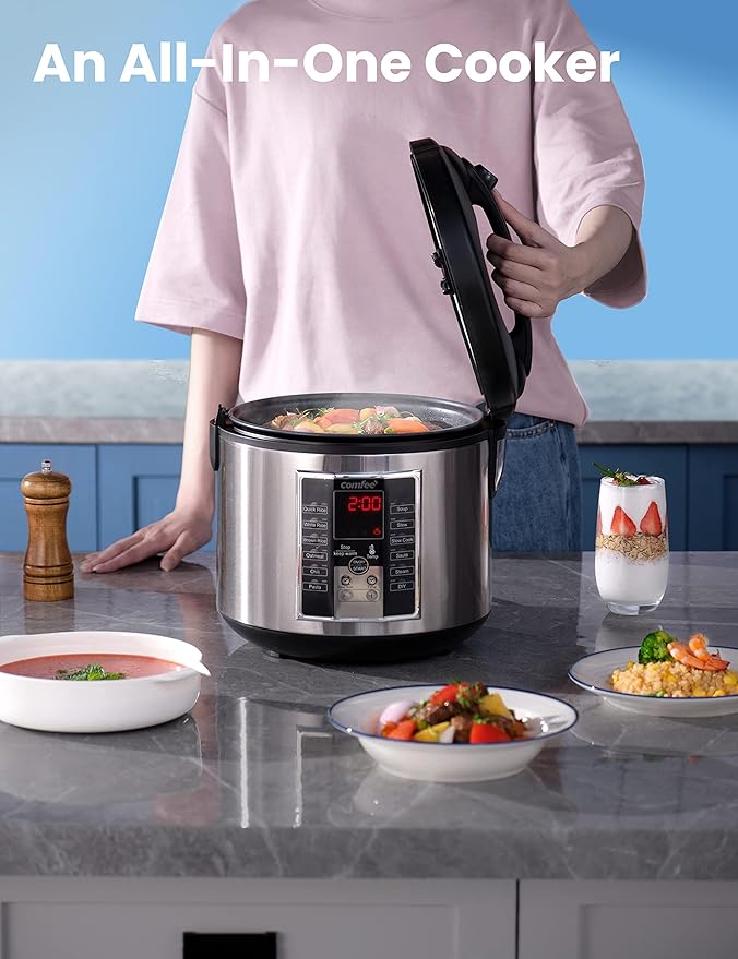 COMFEE' Rice Cooker Slow Cooker Steamer Stewpot Sauté All in One (12 Digital Cooking Programs) Multi Cooker (5.2Qt ) Large Capacity. 24 Hours Preset &amp Instant Keep Warm Black/Silver (MB-M25)