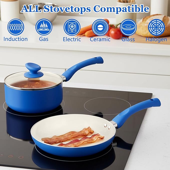 12-Piece Pots and Pans Set Nonstick Ceramic Cookware Set with Stay-Cool Bakelite Handles Non-Toxic Induction Cooking Set Cobalt Blue Kitchen Essentials PFOA &amp PTFE Free