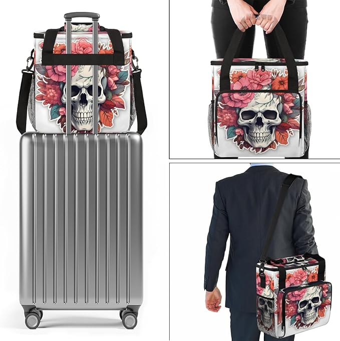 Skull Floral Coffee Maker Carrying Bag Portable Travel Storage Tote Bag Compatible with K-Mini or K-Mini Plus Single Serve Coffee Brewer Carrying Case with Multiple Pockets &amp Shoulder Strap