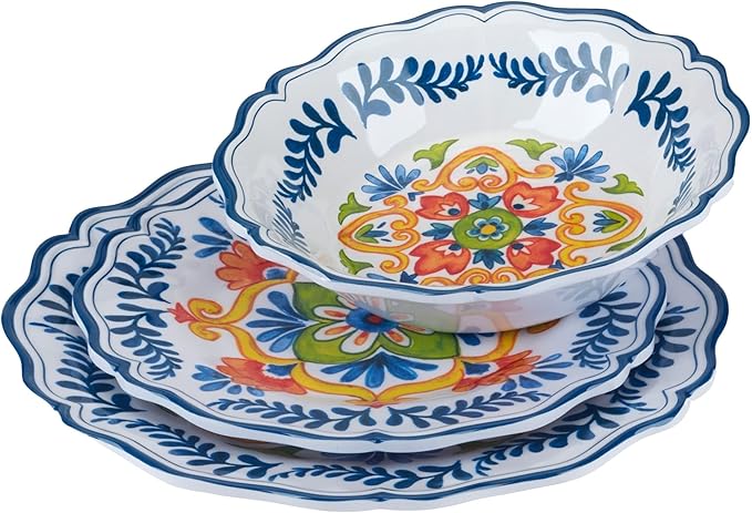 12-Piece Dinnerware Set Service for 4 Blue Green Yellow Floral Modern Contemporary Round 12 Piece Dishwasher Safe