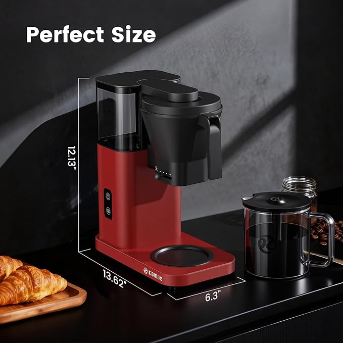 Kismile 8 Cup Drip Coffee Maker Machine Pour Over Coffee Brew with 3s Instant Heat 197-205℉ Removable Water Tank Adjustable Flow Control Deep Cold Brew &amp Keep Warm 40 Min Easy to Clean (Red)