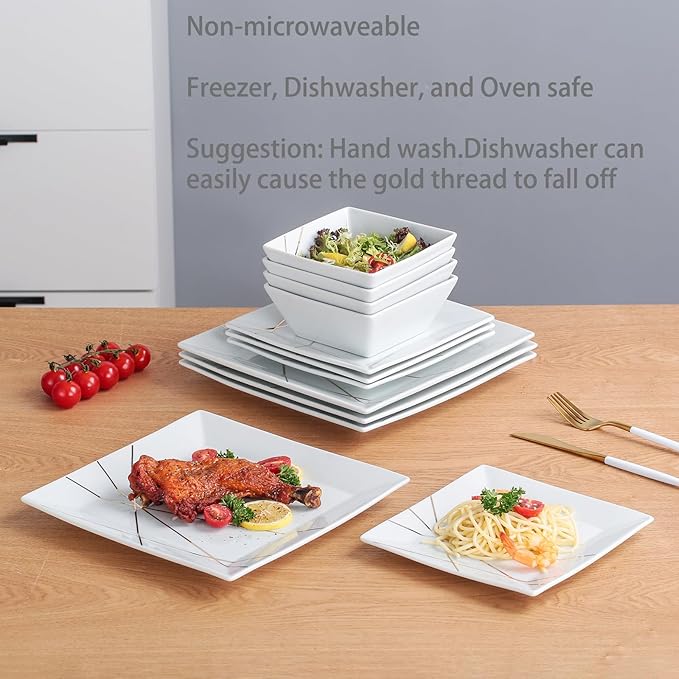 DOMINI 12-Piece Kitchen Dinnerware Set Service for 4 Porcelain Dishes Dinner Set Square Dinnerware Sets with Dinner Plates Dessert Plates and Pasta BowlsWhite gold line