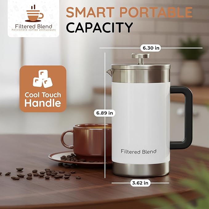 1.6L French Press Coffee Maker 54oz Large Capacity French Press Stainless Steel Brewer with Double Filter Mesh for Kitchen Travel Camping Hot &amp Cold Brew Coffee Maker Gifts (White)