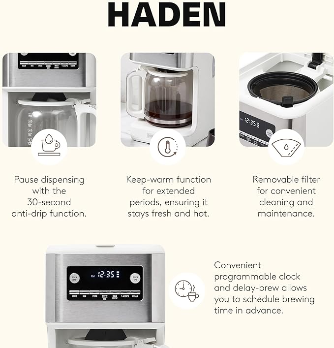 HADEN Generous Brew 14 Cup Coffee Maker with 120 Minute Keep Warm Delay Brew Adjustable Strength Programmable Clock and Anti Drip Ivory/Chrome