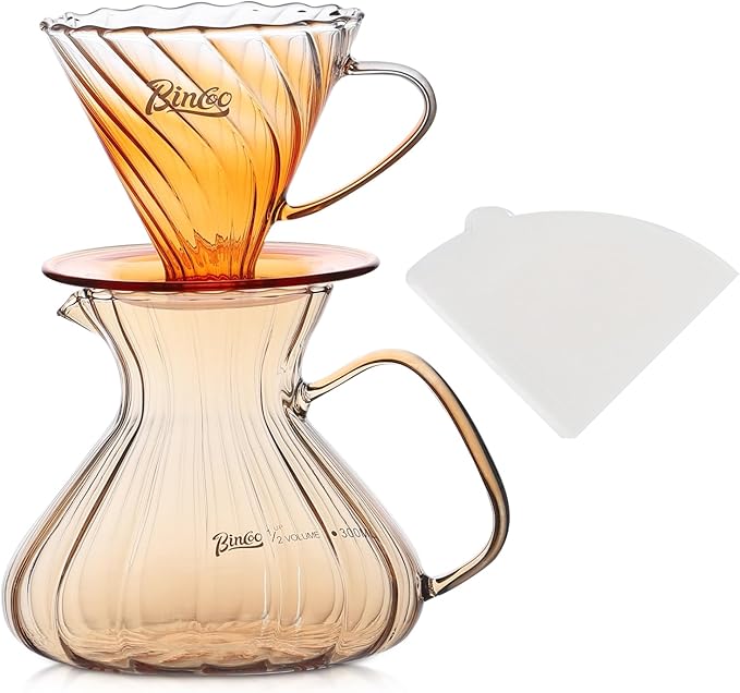 Bincoo Pour Over Coffee Maker Set650ML Borosilicate Glass Carafe with Coffee Driper&amp50pcs Paper FilterGlass Coffee Maker for Home Café Restaurant(Champagne)