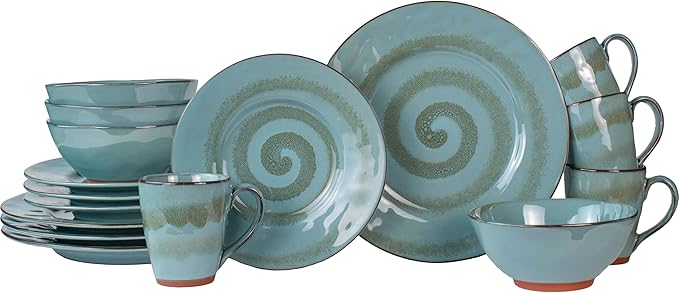 Sango 16-Piece Stoneware Dinnerware Set for 4 Glossy Blue &amp Green Coffee Mugs Plates and Bowls Sets with Reactive Glaze Ceramic Dish Set Elegant Dishes Microwave &amp Dishwasher Safe Toren