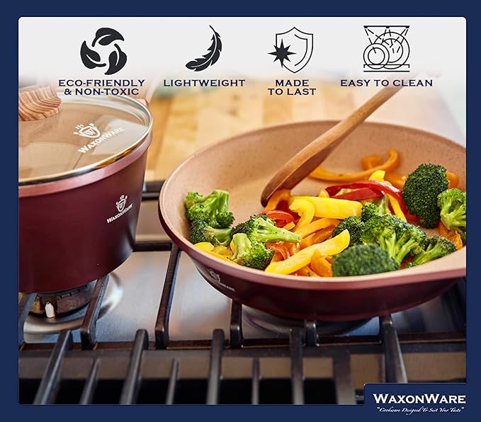 Waxonware 7pc Kitchen Pots and Pans Set Non stick German Coated Kitchen Cookware Set Premium - Dishwasher Safe and 100% PFOA and PTFE Free - Induction Cooking Non Stick Pots and Pan Set - Marbellous