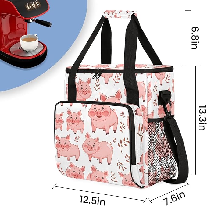 Cute Cartoon Pig Coffee Maker Carring Bag Large Insulated Storage Organizer Case Tote Bags with Shoulder Strap for Travel Work Picnic