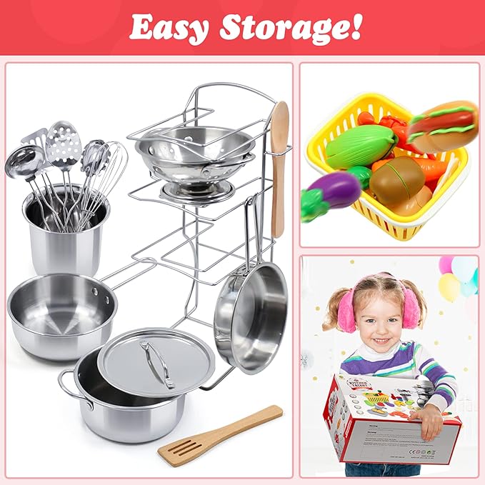 Kids Pretend Play Kitchen Toys Accessories Set 32 Items Stainless Steel Toy Pots and Pans Sets w/ Rack Organizer Metal Cooking Utensils &amp Apron Play Food w/ Basket for Kids Girls Boys Toddlers