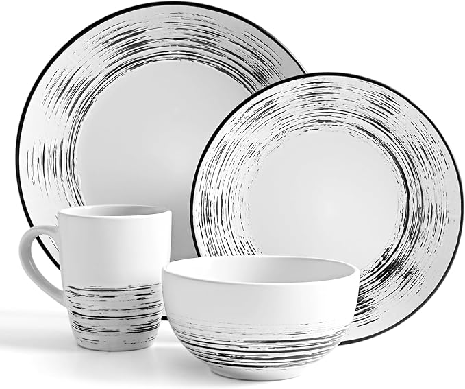 Homlouue 16 Pcs Stoneware Dinnerware Sets for 4 Porcelain Farmhouse Plates Bowls Mugs Set - Minimalist Chip Resistant Dish Set Microwave &amp Dishwasher Safe in White and Black Thread
