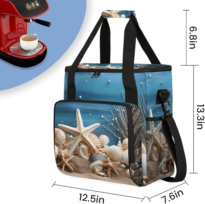 Beach Seashell Starfish Coffee Maker Travel Bag for Keurig K-Mini/K-Mini Plus Insulated Waterproof Tote with Pockets for K-Cup Portable Single-Serve Brewer Case