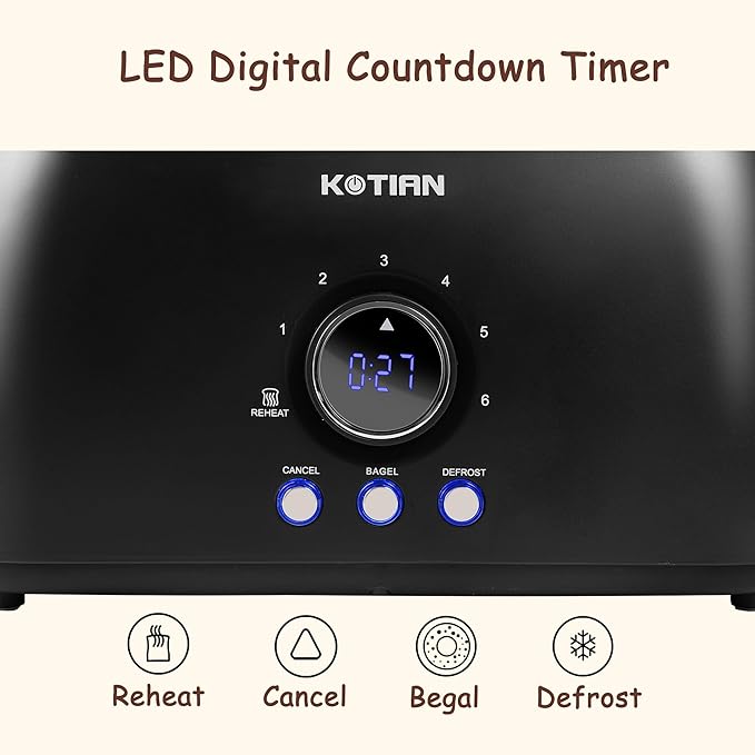 Toaster 4 SliceKOTIAN Retro Long Slot Toasters with Countdown TimerStainless Steel ToasterBagelDefrostReheatCancel FunctionsExtra Wide Slots6 Toast SettingsRemovable Crumbs TrayMatte black