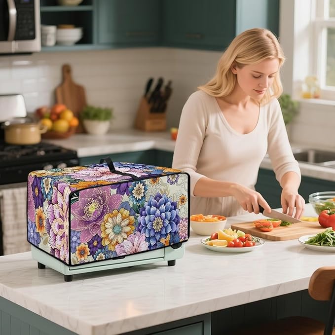 Dustproof Toaster Oven Cover Heat-Resistant Microwave Grill Cover Protector Faux Linen Polyester Dust Covers Case Protections for Toaster Oven Vintage Flower