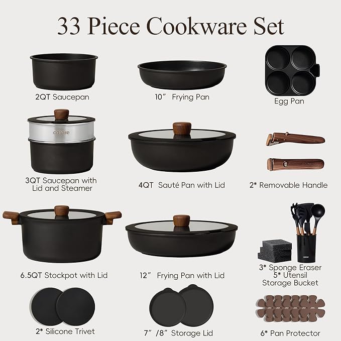 CAROTE 33pcs Pots and Pans Non Stick Cookware Sets Detachable Handle Induction Kitchen Pots and PansNonStick Cooking Set Oven/Dishwasher/Fridge Safe Space Saving