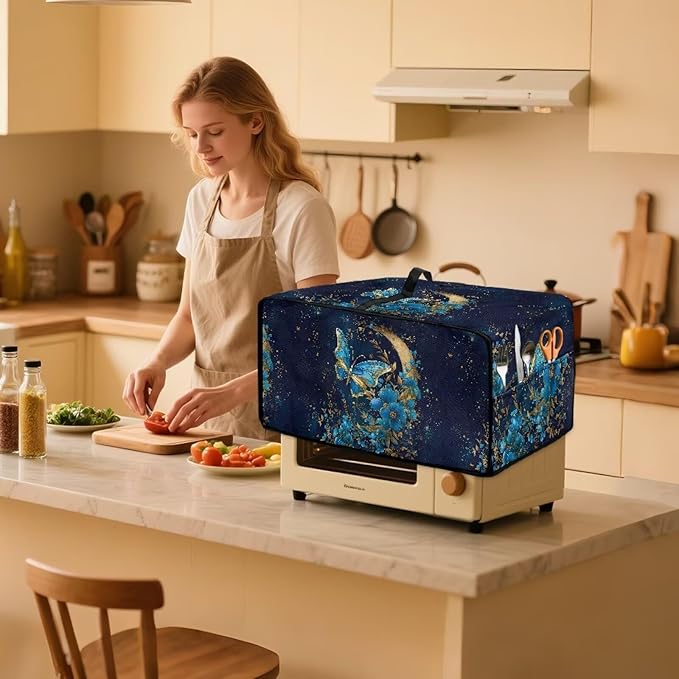 Heat-Resistant Toaster Oven Cover Faux Linen Polyester Appliances Dust Cover for Convection Toaster Oven Air Fryer with Top Handle Side Pockets Moon Butterfly Flower