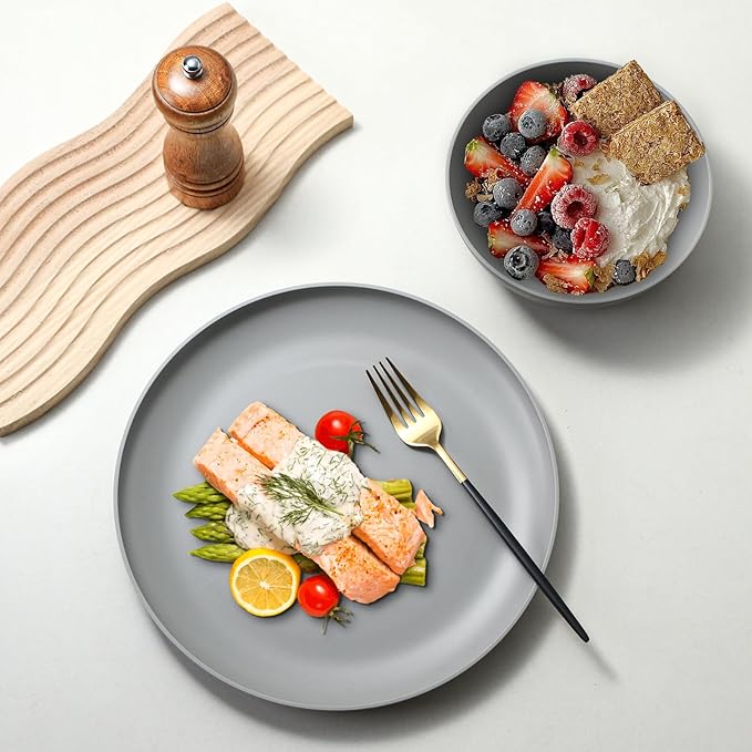24-Piece Dinnerware Set Service for 8 Unbreakable Plates and Bowls Set BPA-Free Dishwasher Safe Gray Tableware for Kitchen Party and Picnic