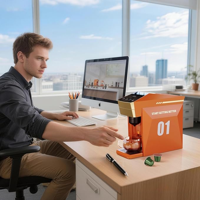 BENFUCHEN 4 in1 Single Serve Coffee Maker 19 Bar Espresso Coffee Machine For KCup/Nespre sso OriginalLine Capsules/Ground Coffee Single Cup Coffee Brewer 1400W Fast Brew in 1 Minute Vibrant Orange