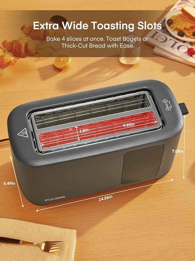 4 Slice Toaster Touch Screen Control Long Extra Wide Slots Smart Bread Toaster 6 Bread Types &amp 6 Shade Settings Stainless Steel with Removable Tray Cancel/Defrost/Reheat Function Grey