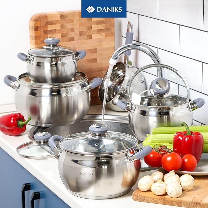 Daniks Modern 7 Quart Stainless Steel Stock Pot with Glass Lid Tri-Ply Bottom for Even Heating Induction Compatible Dishwasher Safe Heatproof Handles