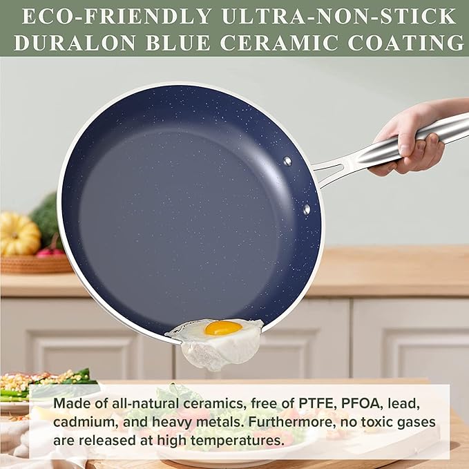 Nuwave 9pc Cookware Set Healthy Duralon Blue Ceramic Nonstick Coated Diamond Infused Scratch-Resistant PFAS Free Oven Safe Induction Ready &amp Evenly Heats Tempered Glass Lids &amp Stay-Cool H