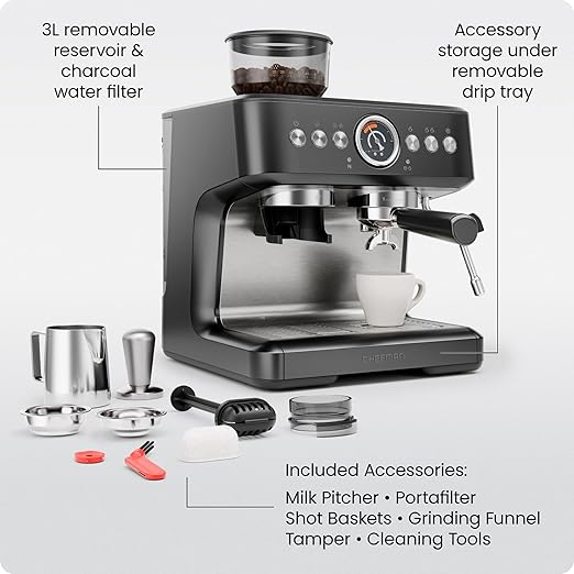 Chefman Crema Deluxe Espresso Machine with Double Boiler Use Milk Frother and Brew Espresso Simultaneously Professional Coffee Maker with Coffee Grinder and Steam Wand 30 Grind Settings