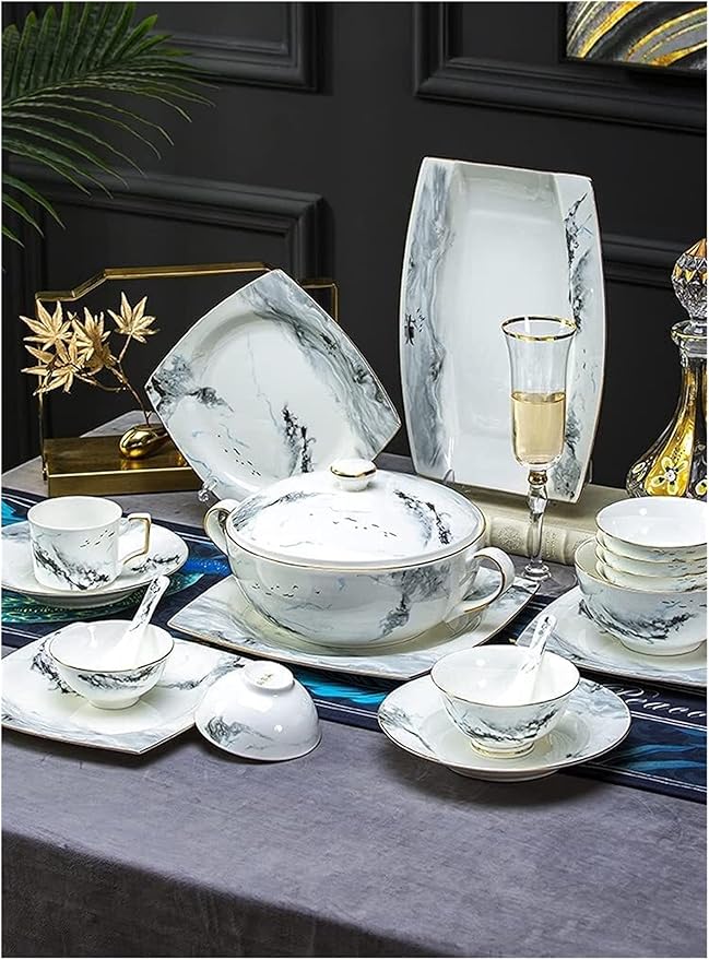 38/70 Pieces Chinese Dinnerware Set Ceramic Marble Effect Tableware Gift Service For 6-10 People