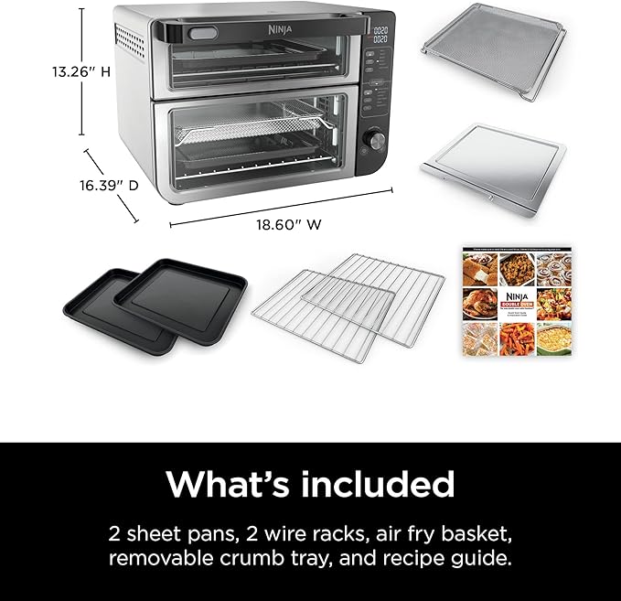Ninja DCT401 12-in-1 Double Oven with FlexDoor FlavorSeal &amp Smart Finish Rapid Top Convection and Air Fry Bottom  Bake Roast Toast Air Fry Pizza and More Stainless Steel